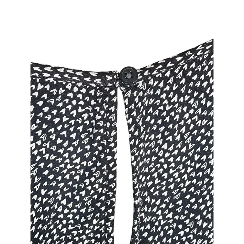 Loft Womens Size‎ Small Black White Heart Print Puff Sleeve Blouse Top